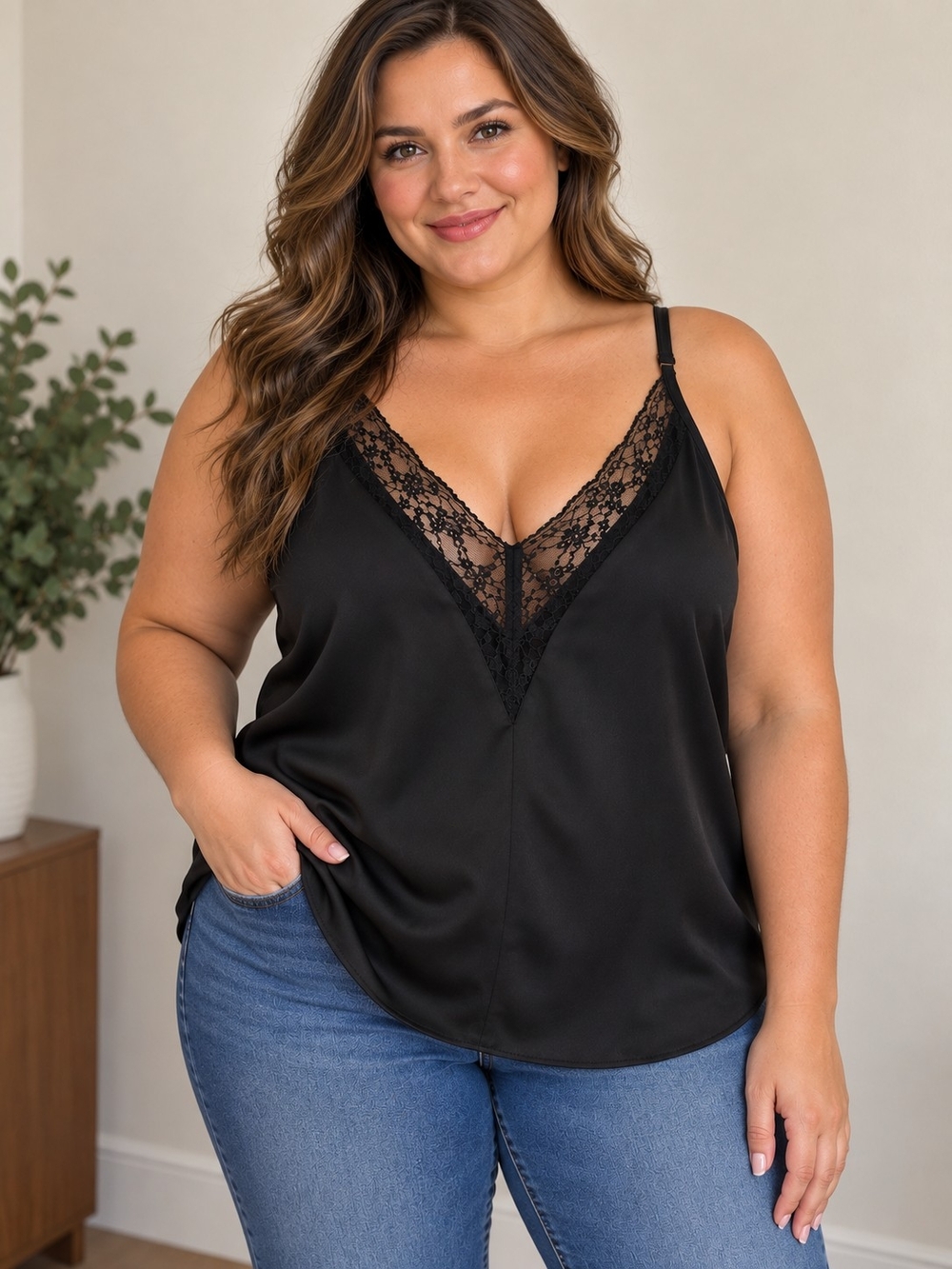 Blush Black Satin V-Neck Lace Cami Size 1X